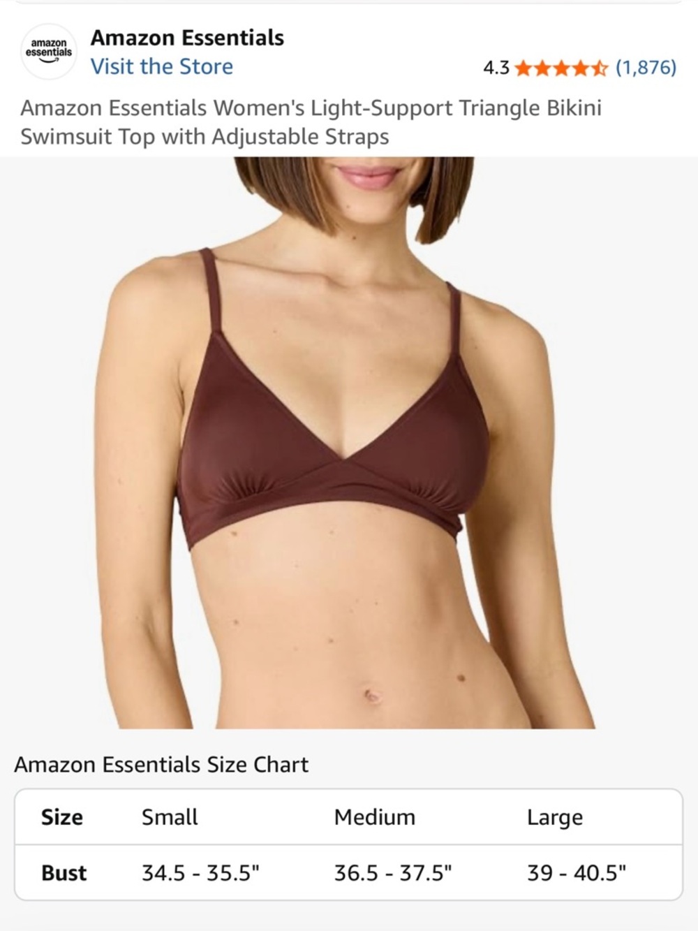 Amazon Essentials : Women's Triangle Bikini Top in Brown (Size XL) NWT